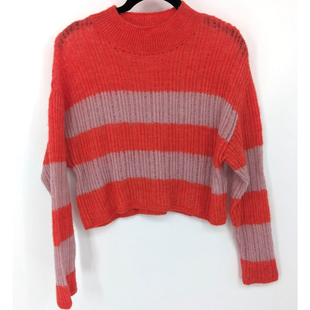 Anthropologie Sweater Womens Medium Red Wool‎ Blend Striped Cropped Mock Neck